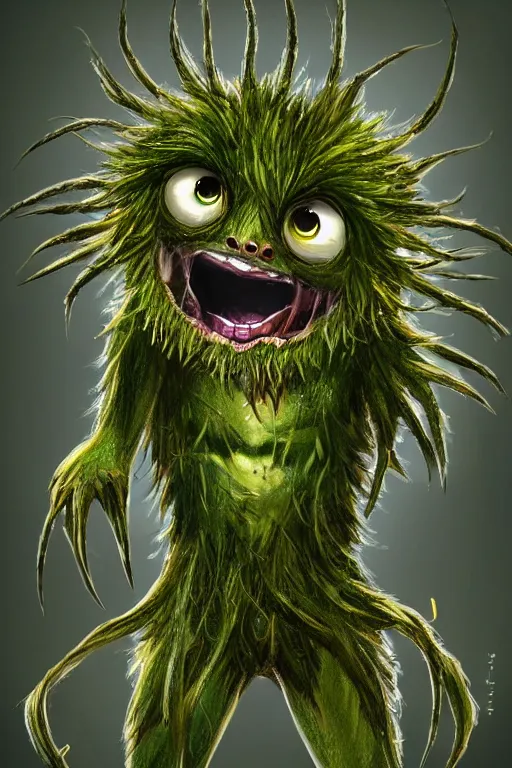 Image similar to a humanoid figure dandelion moss plant monster, large eyes and menacing smile, highly detailed, digital art, sharp focus, trending on art station, anime art style