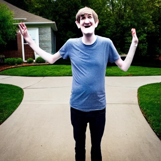 Image similar to bo burnham outside of his house, smiling and dancing