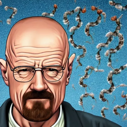 Image similar to Walter White with worms coming out of his head. Hyper realistic image, award winning photography