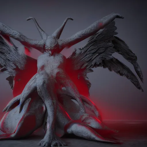 Image similar to abstract shadow demon with wings red hunter eyes, highly realistic photo realistic octane render blender highly detailed 8 k