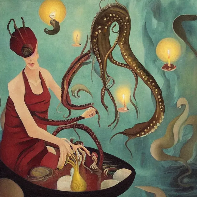 Image similar to tall female artist holding a nautilus in her flooded kitchen, pomegranates, octopus, water gushing from ceiling, painting of flood waters inside an artist's apartment, a river flooding indoors, candles, ikebana, zen, rapids, waterfall, black swans, canoe, berries, acrylic on canvas, surrealist, by magritte and monet