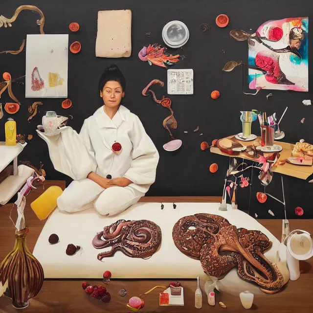 Prompt: a portrait in a female art student's bedroom, black walls, a woman sitting on a bed made of pancakes, honey dripping, berries dripping, chocolate, surgical supplies, ikebana, octopus, neo - expressionism, surrealism, acrylic and spray paint and oilstick on canvas