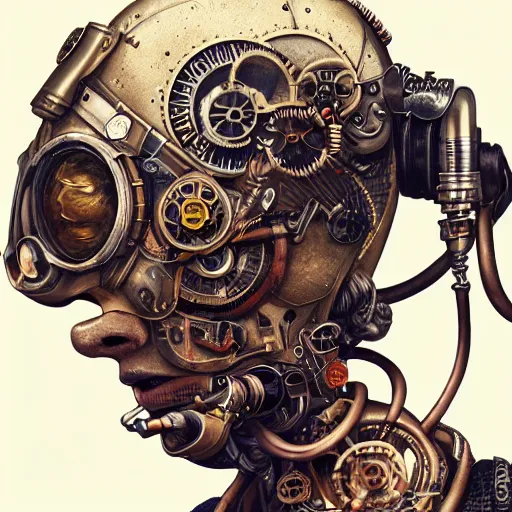 Image similar to portrait painting of a steampunk cyborg drug addict, transhumanism, ultra realistic, concept art, studio ghibli, intricate details, eerie highly detailed