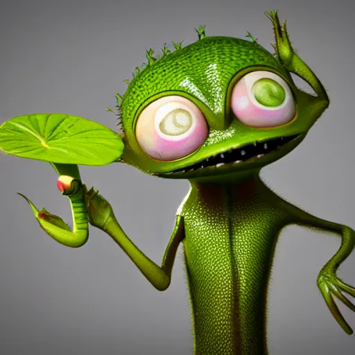 Image similar to cute anthropomorphic venus flytrap carniverous plant creature with leaf arms and legs and big eyes detailed character concept 3 d pixar style render 4 k
