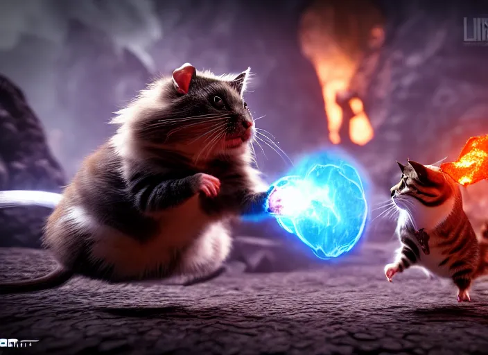 Image similar to hamster fights a cat in mortal kombat at a volcano with shao khan cheering in the background. fantasy magic style. highly detailed 8 k. intricate. lifelike. soft light. sony a 7 r iv 5 5 mm. unreal engine with nanite and path tracing