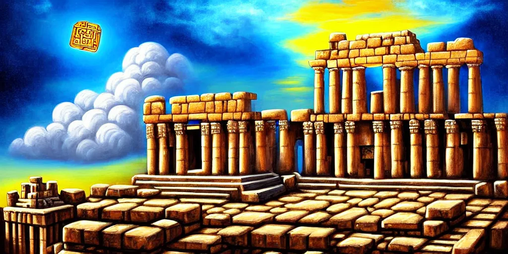 Prompt: illusion painting hidden temple in negative space in the clouds : an adorable small fox in the huge ruins of the second temple in jerusalem. a new temple is hiding in the dreamy clouds above. a hooded bearded old man in a brown tunic laughing, colorful 8 k, art station, intricate superb details, digital art, illusion painting hidden image.