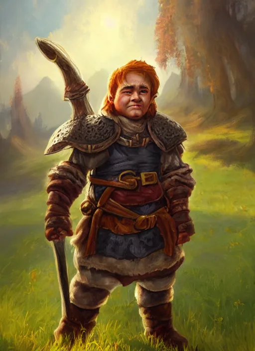 Prompt: A fantasy portrait painting of a halfling fighter prepared for battle on a beautiful meadow, DAZ, hyperrealistic, ambient light, dynamic light, trending on artstation, d&d, RPG portrait