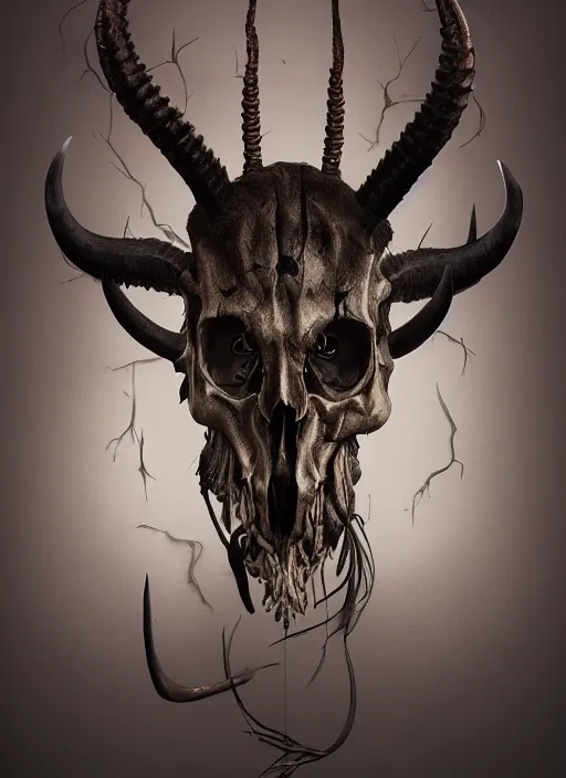 Prompt: portrait of realistic animal skull with long pointy alien horns, eerie glowing eyes, wall hanging trophy taxidermy, hyper realistic head, volumetric lighting, fantasy art, in the style of greg rutkowski, burne hogarth, intricate, alphonse mucha, hyper detailed, smooth
