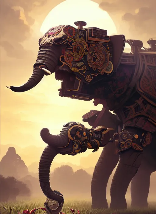 Image similar to symmetry!! portrait of a hybrid robot elephant, floral! horizon zero dawn machine, intricate, elegant, highly detailed, digital painting, artstation, concept art, smooth, sharp focus, illustration, art by artgerm and greg rutkowski and alphonse mucha, 8 k