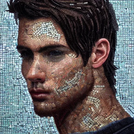 Image similar to artistic portrait of young male with dark hair, mosaic, extremely detailed, trending on Artstation