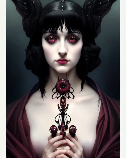 Image similar to symmetry portrait of lydia deetz, glam, gothic, glowing skin intricate, elegant, highly detailed, digital painting, artstation, concept art, smooth, sharp focus, illustration, art by artgerm and greg rutkowski and fra angelico and alphonse mucha