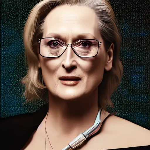 Image similar to Meryl Streep portrait, Cyberpunk 2077, ultra photorealistic, cybernetic body parts, neon, octane, bokeh, 8k