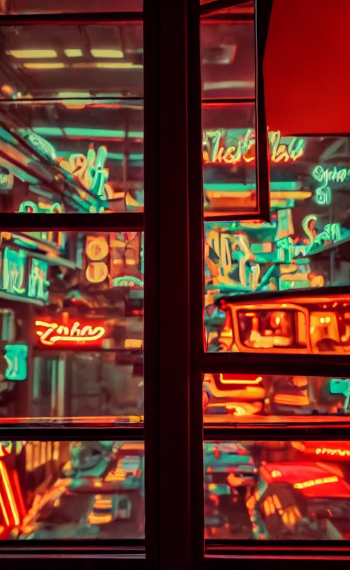 Prompt: vertical movie frame portrait of girl in 6 0's retro restaurant interior, neon - decorated urban on night in the city seen through the window, modern interior design, architectural design, vintage, night blade runner, dark, postapocalyptic, clean lines, 4 k, octane, asian futuristic city at distance, big windows, octane, wide angle