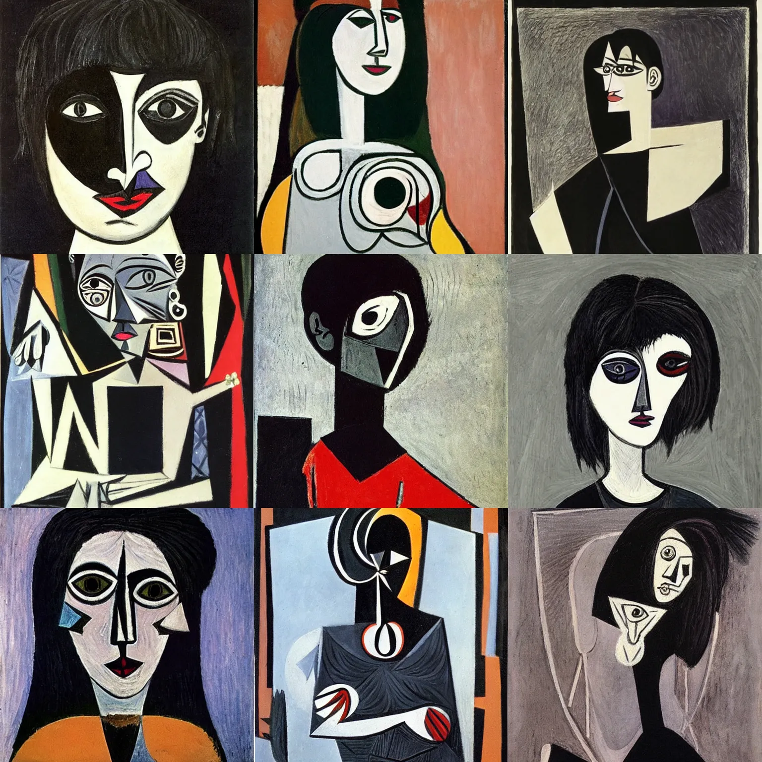 Prompt: an emo by pablo picasso. her hair is dark brown and cut into a short, messy pixie cut. she has large entirely - black evil eyes. she is wearing a black tank top, a black leather jacket, a black knee - length skirt, a black choker, and black leather boots.