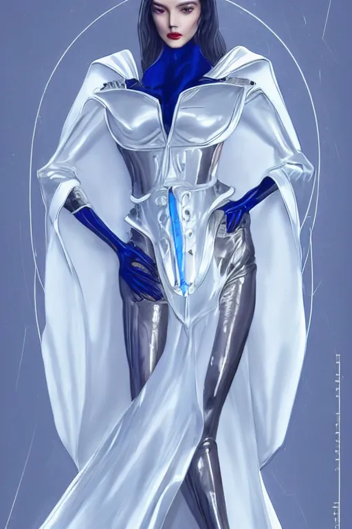 Image similar to detailed beautiful noun in opened white gold blue coat, seductive confident pose, attractive feminine curves, intricate details, futuristic, alien, elegant cape, elegant, photorealism, trending on artstation, holy halo, advanced technology, art by moebius and vitaly bulgarov and chanthara