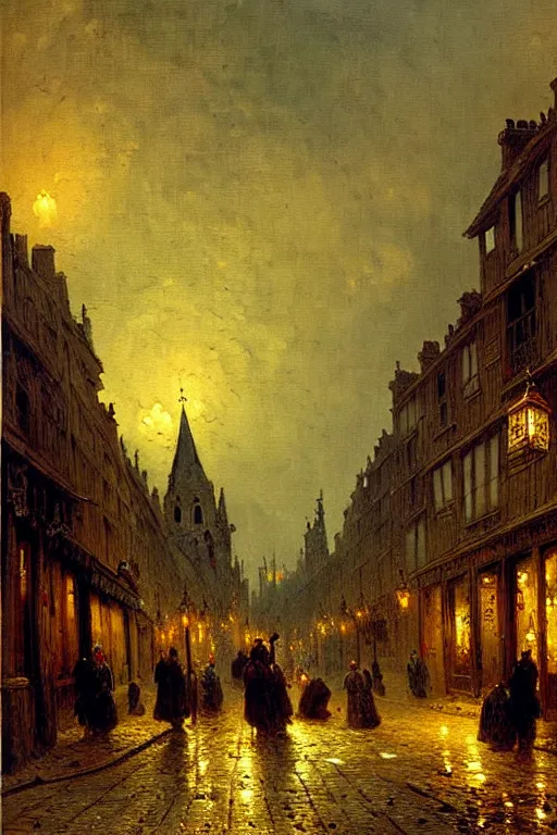 Prompt: detailed painting of a street of saint malo after a bombing, lanterns glowing, dusk, filigree ornaments, andreas achenbach