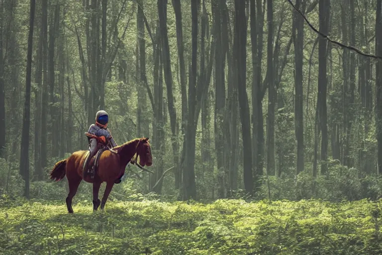 Image similar to A photo of an astronaut riding a horse in the forest. There is a river in front of them with water lilies