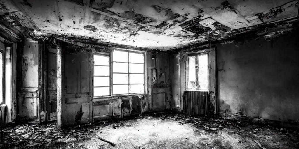 Prompt: a very dark room in a derelict house, black and white, grungy