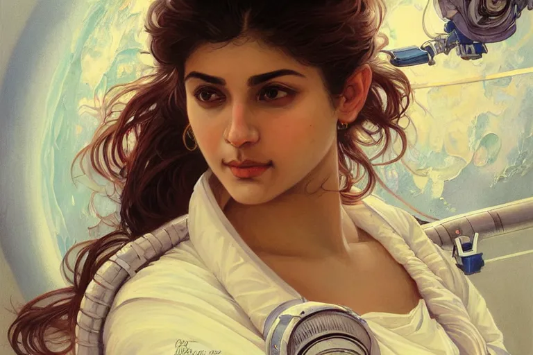 Image similar to Sensual good looking pale young Indian doctors wearing jeans in a space station above Earth performing surgery, portrait, elegant, intricate, digital painting, artstation, concept art, smooth, sharp focus, illustration, art by artgerm and greg rutkowski and alphonse mucha