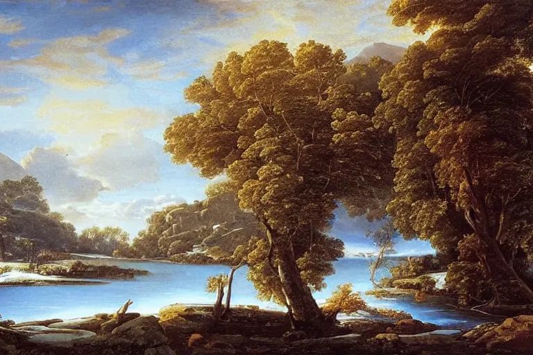 Image similar to beautiful landscape with winter and lake and tropical trees, mythology, fantasy, landscape background, vivid colors, digital painting, very detailed, realistic, high quality, by claude lorrain