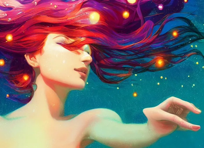 Image similar to a dancer floating underwater, with flowing hair, wearing a flowing sundress, swimming through a colorful starry galaxy, fantasy, cinematic, fine details by realistic shaded lighting poster by ilya kuvshinov katsuhiro otomo, magali villeneuve, artgerm, jeremy lipkin and michael garmash and rob rey