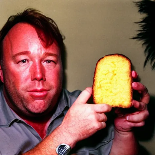 Prompt: alex jones eating a huge twinkie, high definition, color film,