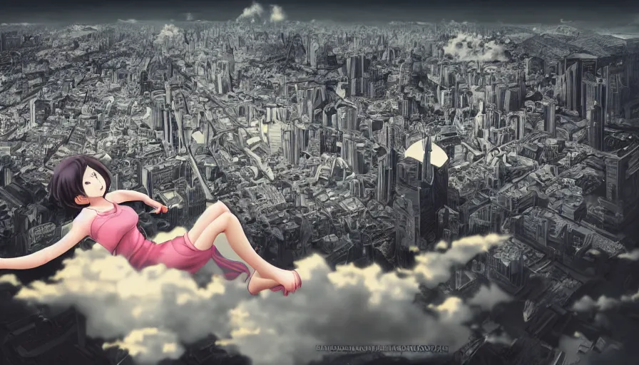 Prompt: a japanese girl floating over a city, photorealistic award winning art, anime style, detailed