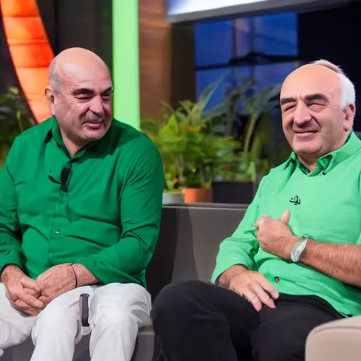 Image similar to mid white hair old man with green shirt and white short, sitting in shark tank with kevin o'leary