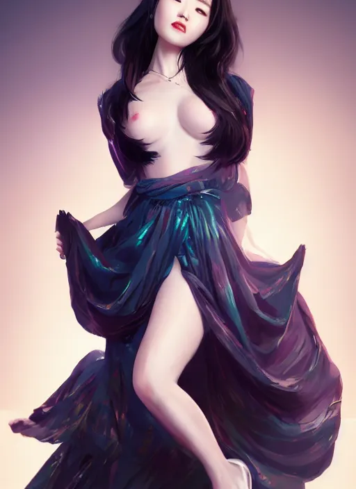 Image similar to beautiful chinese fashion goddness, strapless dress, character portrait in the style of thomas river and artgerm, wlop, cinematic lighting, hyperdetailed, 8 k realistic, symmetrical, global illumination, radiant light, halo, love and mercy, frostbite 3 engine, cryengine, dof, trending on artstation, digital art, chanel