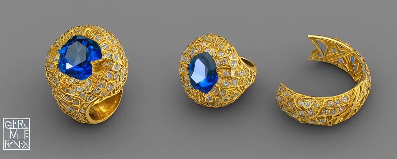 Image similar to simple golden magic crystal ring, radiant cut, ice, blue, gold, smooth shank, crystal, engravings, diamonds, product design, jewelry, colorful, art by gerald brom, greg rutkowski and artgerm, photo realism, unreal engine, c 4 d