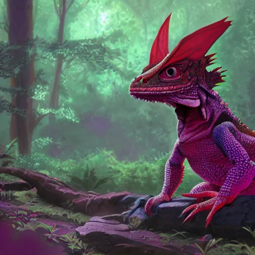 Image similar to concept art painting of an anthropomorphic bearded dragon anthro wearing magenta wizard robes, in the deep forest, realistic, detailed, cel shaded, in the style of makoto shinkai and greg rutkowski and james gurney