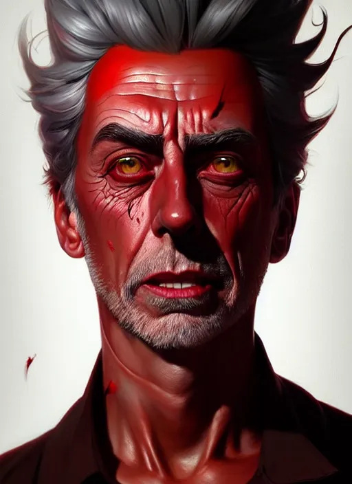 Image similar to ultra realistic illustration, handsome rick sanchez. dark red, blood, intricate, highly detailed, digital painting, artstation, concept art, smooth, sharp focus, illustration, art by artgerm and greg rutkowski and alphonse mucha and wlop