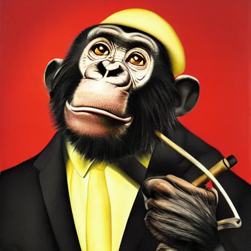 Image similar to a high detail portrait of a chimp wearing a suit 👔,and smoking🚬