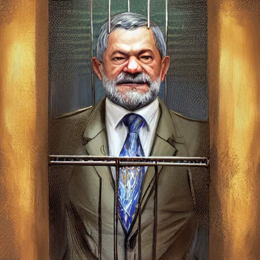 Prompt: presidente lula in jail behind bars. intricate, elegant, highly detailed, digital painting, artstation, concept art, sharp focus, illustration, by justin gerard and artgerm, 8 k