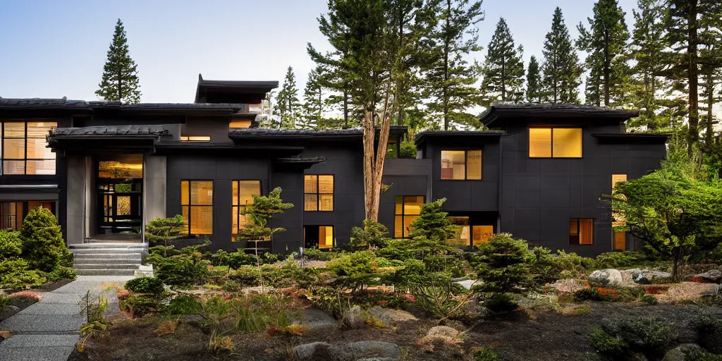 Image similar to large modern residence, pacific northwest japanese style, flared japanese black tile roof, many windows with warm light, elegant