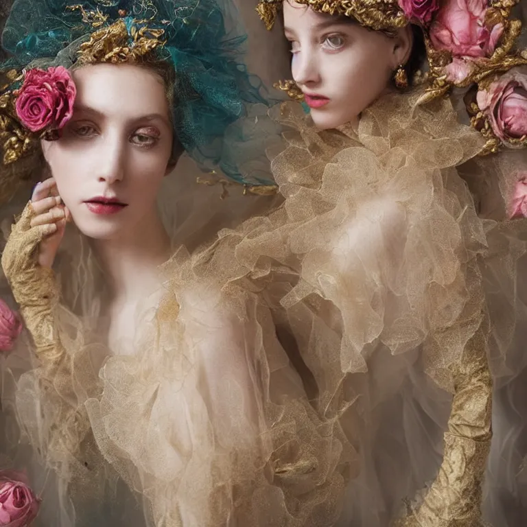 Prompt: anna taylor-joy, veiled,rococo headdress, avian-inspired,beaded embroidery,roses,by Annie Stegg and Jovana Rikalo and VICTOR NIZOVTSEV and Nekro and Billelis, GUCCI,DIOR,trending on pinterest,hyperreal,Kintsukuroi,gold,maximalist