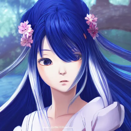 Prompt: Portrait of a japanese princess young lady, with white hair and bangs!!!! BLUE EYES, BLUE EYES beauty artwork by Makoto Shinkai, Studio Ghibli, white hair, ayaka genshin impact, ayaka, ayaka game genshin impact, ayaka, extremely detailed, beautiful, establishing shot, artistic, shadows, high quality, unreal engine, overwatch art team