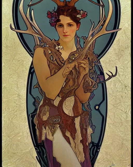 Image similar to an art nouveau painting of a deer with antlers, highly detailed, intricate, artstation, by alphonse mucha and james gurney