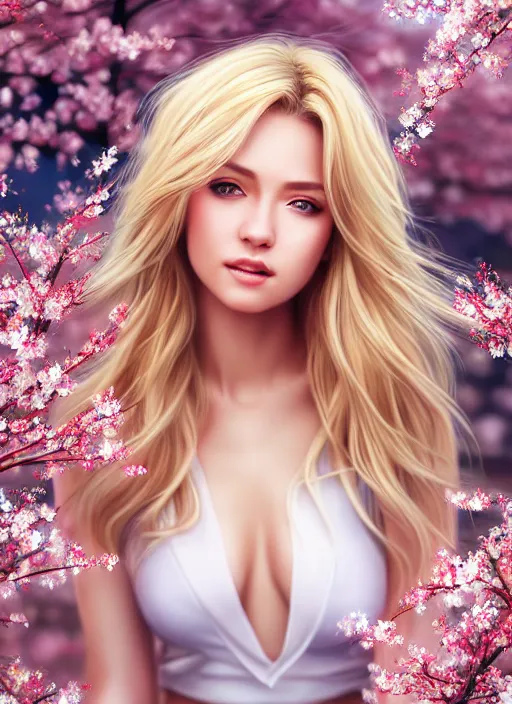 Image similar to photo of a gorgeous blonde female in the style of stefan kostic, realistic, half body shot, sharp focus, 8 k high definition, insanely detailed, intricate, elegant, art by stanley lau and artgerm, extreme blur cherry blossoms background