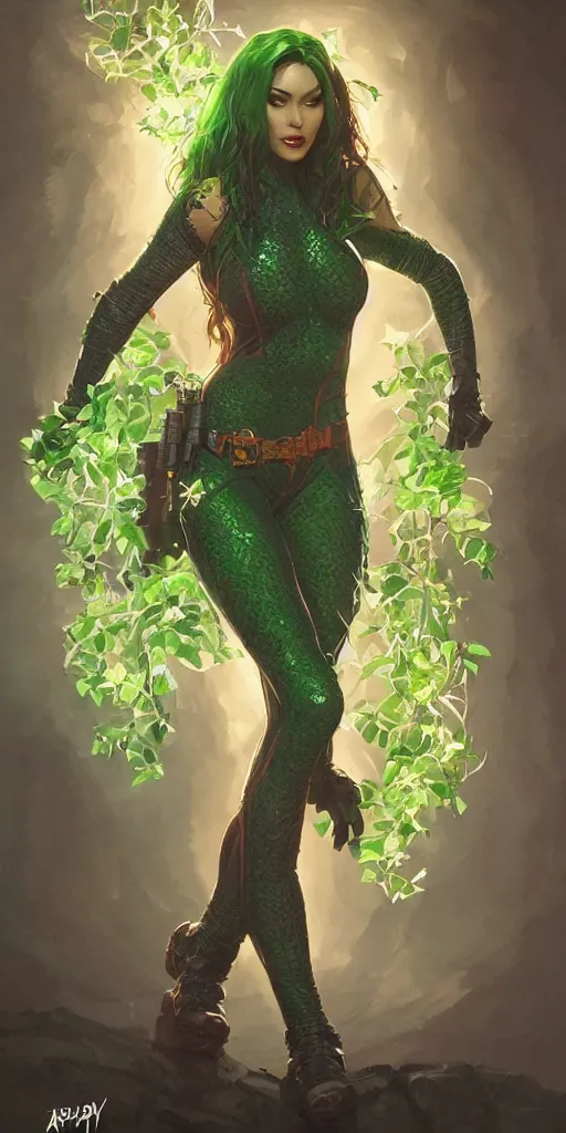 Image similar to portrait of apex legends megan fox as poison ivy, intricate, elegant, glowing lights, highly detailed, digital painting, artstation, glamor pose, concept art, smooth, sharp focus, illustration, art by artgerm and greg rutkowski, artey freytag