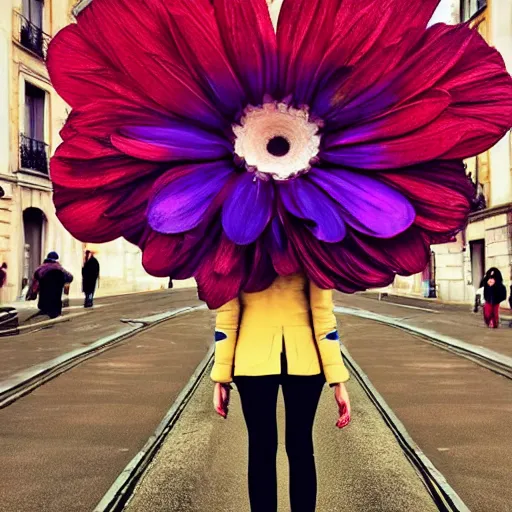 Image similar to giant flower head, woman walking in paris, surreal photography, symmetry, flat space, fanciful, bright colours, detailed, wes anderson