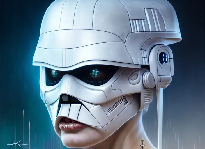 Image similar to portrait shot of a white darth vader in cyberpunk 2 0 7 7, intricate, elegant, highly detailed, centered, digital painting, artstation, concept art, smooth, sharp focus, illustration, artgerm, tomasz alen kopera, peter mohrbacher, donato giancola, joseph christian leyendecker, wlop, boris vallejo