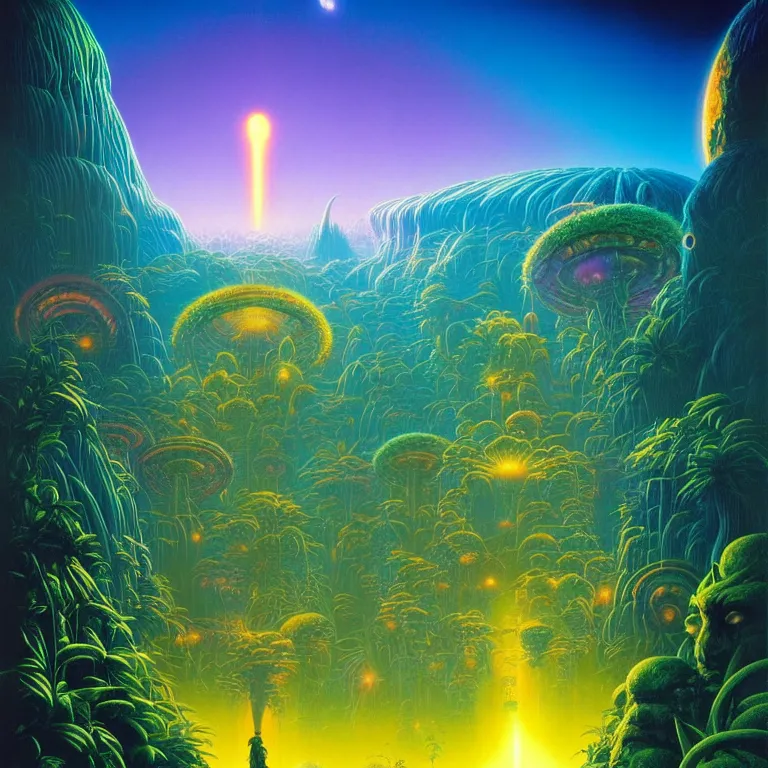 Image similar to mysterious ancient dieties hovering over magical quantum jungle, infinite psychic waves, synthwave, bright neon colors, highly detailed, cinematic, wide angle, tim white, michael whelan, roger dean, bob eggleton, lisa frank, vladimir kush, kubrick, kimura, isono