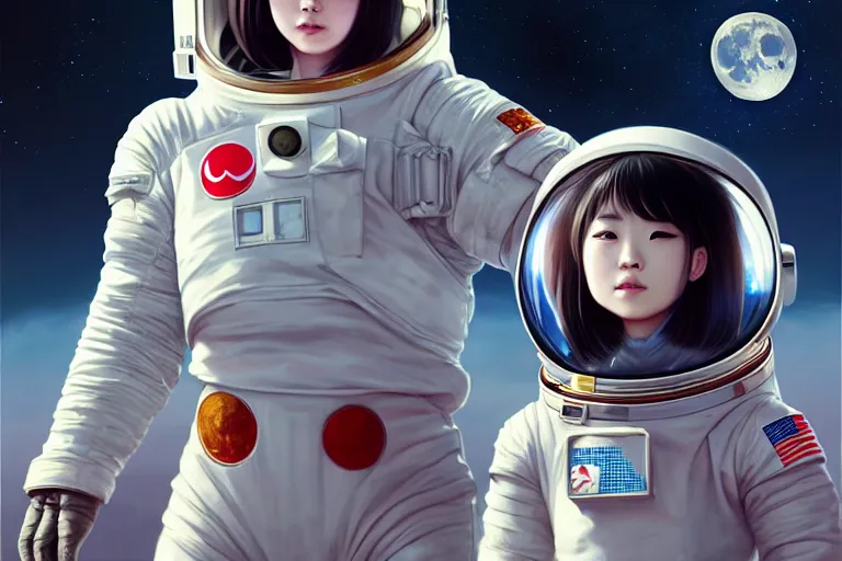 Image similar to portrait of lee chae - rin in a spacesuit frowning, moon base with earth in the night sky, artgerm, ilya kuvshinov, krenz cushart, ruan jia, realism, ultra detailed, 8 k resolution