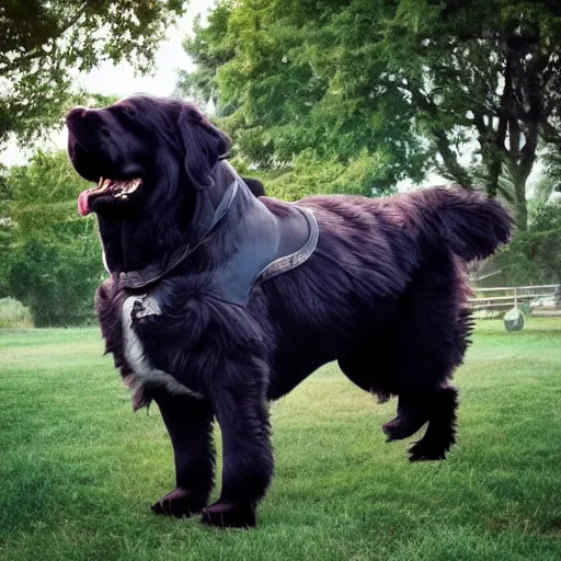 Prompt: girl riding a giant newfoundland dog in the park, trending on artstation