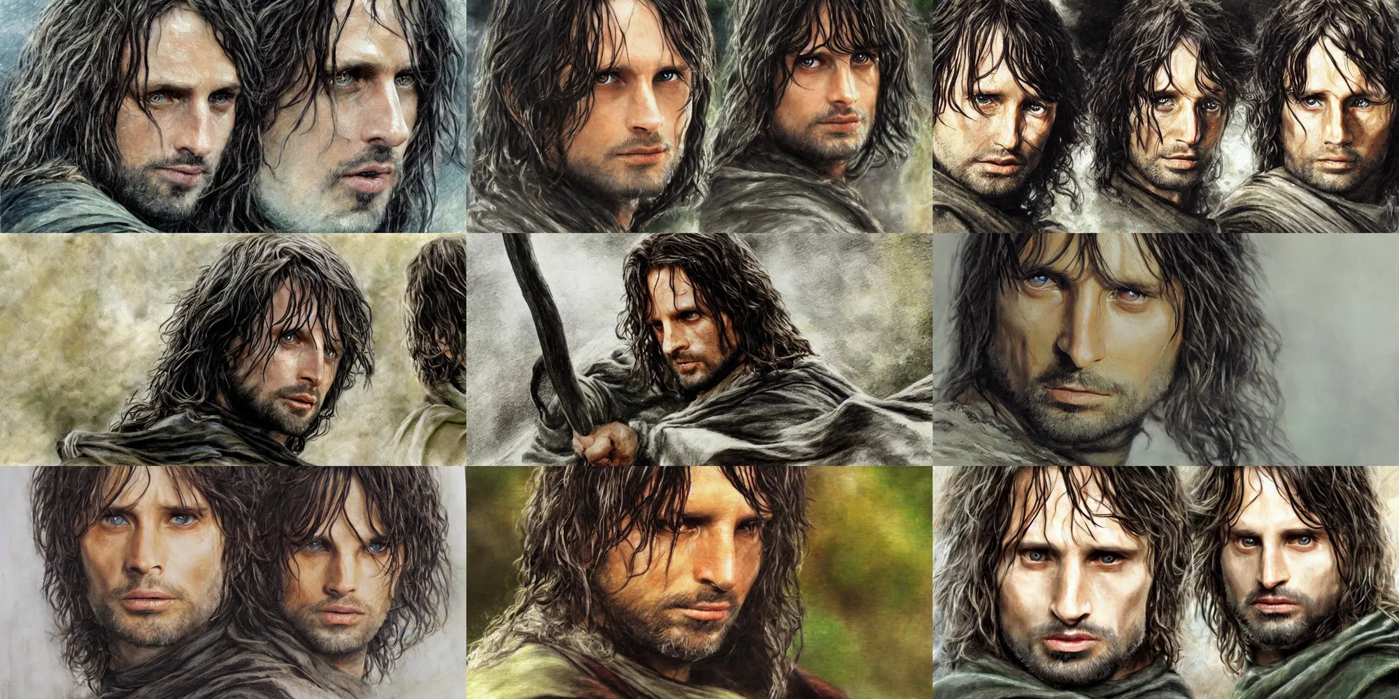 Prompt: lord of the rings, Aragorn, impressionist style, hyper real. detailed