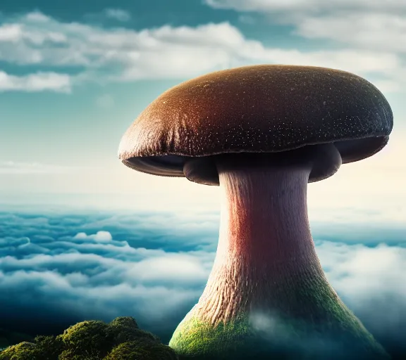 Image similar to a giant mushroom engulfs a whole kingdom and reaches above the clouds. intricate. lifelike. soft light. sony a 7 r iv 5 5 mm. cinematic post - processing