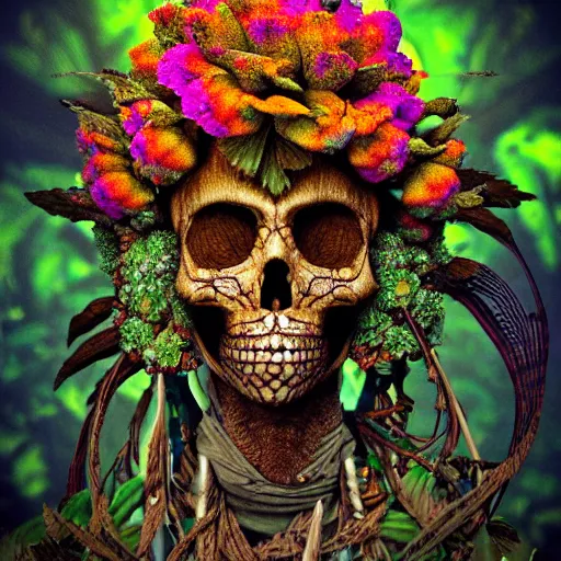 Image similar to a golden skull face african marijuanna shaman with an afro made of flowers, third eye art art by machina infinitum, complexity from simplicity, rendered in octane, mandelbulb 3 d, ambient occlusion, macro photography, felt!!! texture, tribal, neon retrowave