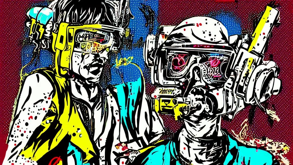 Image similar to hotline miami futuristic japanese cyberpunk by roy lichtenstein, by andy warhol, ben - day dots, pop art, bladerunner, pixiv contest winner, cyberpunk style, cyberpunk color scheme, mechanical, high resolution, hd, intricate detail, fine detail, 8 k