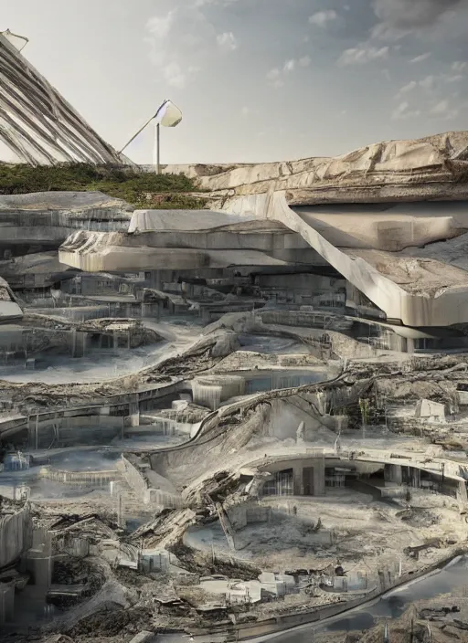 Image similar to virtual art exhibition, architecture installation in biennale venezia, bioremediation white mining tailing futuristic horizontal architecture, epic, cinematic, hyperealistic, high detailed, corona render, hdr, ray tracing